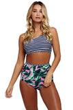 Navy Striped Crop Top and Leaf Print High Waist Swimsuit