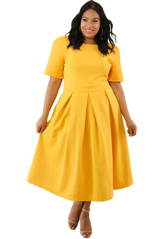 Yellow Plus Size Pleat Flare Dress