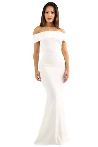 White Foldover Off Shoulder Slinky Long Party Dress