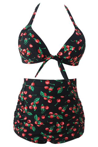 Cherry Print Black Retro High Waist 2 Pieces Swimsuit