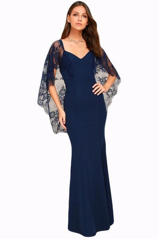 Navy Blue V Cut Open Back Lace Cape Sleeve Maxi Evening Dress