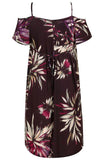 Brown&Multicolor Floral Cold Shoulder Plus Size Dress with Waist Tie
