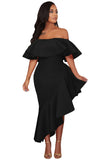 Black Asymmetric Ruffle Off Shoulder Party Dress