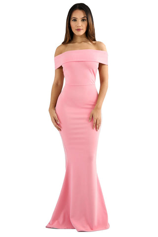 Mauve Foldover Off Shoulder Slinky Long Party Dress