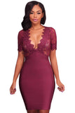 Rosy Deep V Neck Mesh Lace Sexy Bodycon Bandage Dress