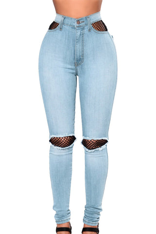 Light Blue Fishnet Splice High Waist Jeans