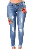 Rose Embroidered Whisker Detail Skinny Jeans