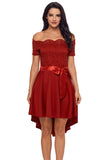 Red Lace Off Shoulder Dip Hem Prom Dress