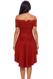 Red Lace Off Shoulder Dip Hem Prom Dress