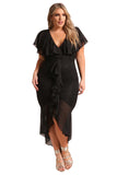 Black Plus Size Chiffon Lace Waterfall Ruffle Midi Dress