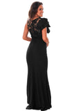 Black Ruffle Sleeve Crochet Top Maxi Evening Dress