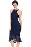 Navy Sleeveless Lace Fishtail Bodycon Dress