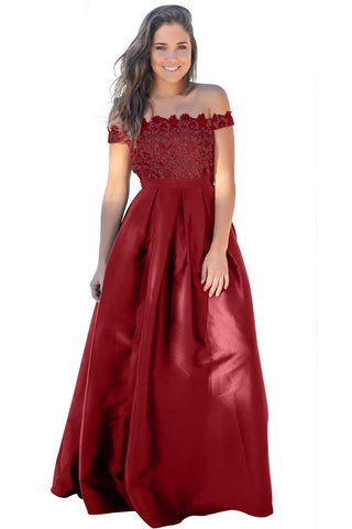 Claret Crochet Top Pleated Waist Flared Maxi Evening Dress