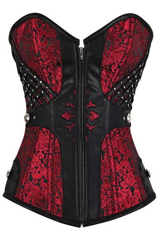 Stud and Faux Leather Trim Zip Front Red Brocade Corset