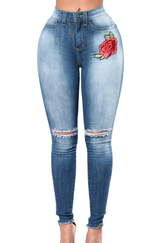 Rose Embroidered Knee Distress Blue Skinny Jeans