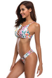 Yellow Pink Floral Print High Neck 2pcs Bathing Suit