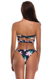 Black Floral Rise Bandeau Bikini Swimsuit