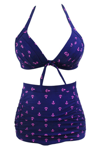 Anchor Print Navy Retro High Waist 2 Pieces Swimsuits