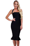 Black Halter Mermaid Midi Bodycon Bandage Dress with Flare