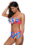 Rainbow Striped Ruffle Trim 2pcs Bikini Swimsuit