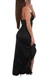 Black Spaghetti Straps V Neck Backless Ruffle Dress