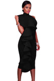 Black Halter High Neck Ruffled Midi Party Dress with Back Slit