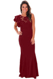 Claret Ruffle Sleeve Crochet Top Maxi Evening Dress