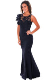 Navy Blue Ruffle Sleeve Crochet Top Maxi Evening Dress