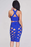 Sexy Blue Open Caged Bandage Skirt Set