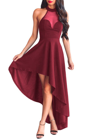 Burgundy Sheer Mesh Decolletage Hi-low Party Dress