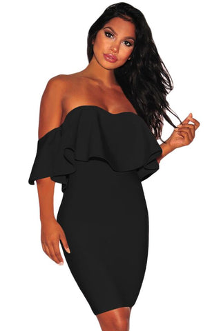 Solid Black Ruffle Off Shoulder Bandage Dress