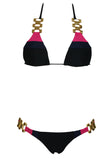 Tricolor Triangular Halterneck Low Rise Bikini with Hardware