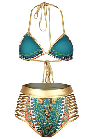 Green African Tribal Metallic Cutout High Waist Swimsuit