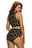 High Waist Lace-up Pineapple Print Black Tankini