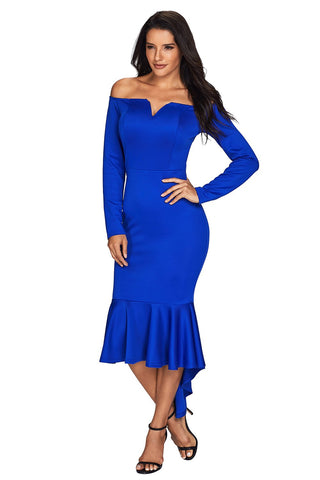 Navy Blue Off Shoulder Long Sleeve Mermaid Dress