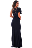 Navy Blue Ruffle Sleeve Crochet Top Maxi Evening Dress