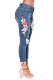 Light Blue Mid Rise Distressed Rose Embroidery Jeans