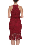 Burgundy Sleeveless Lace Fishtail Bodycon Dress