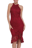 Burgundy Sleeveless Lace Fishtail Bodycon Dress