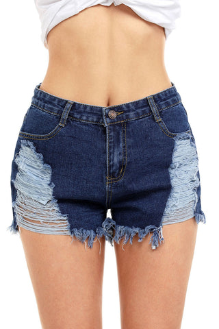 Medium Blue Denim Frayed Destroyed Shorts