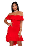 Red Off Shoulder Hi-Lo Hem Ruffle Party Dress