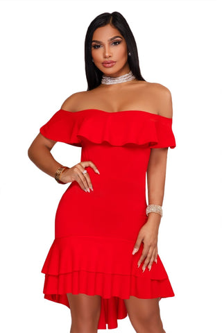 Red Off Shoulder Hi-Lo Hem Ruffle Party Dress