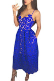 Royal Blue Lace Hollow Out Nude Illusion Party Dress