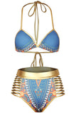Blue African Tribal Metallic Cutout High Waist Swimsuit