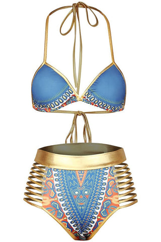 Blue African Tribal Metallic Cutout High Waist Swimsuit