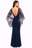 Navy Blue V Cut Open Back Lace Cape Sleeve Maxi Evening Dress