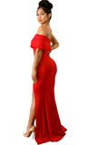 Red Off The Shoulder One Sleeve Slit Maxi Party Prom Dress