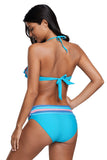 Blue Pink Striped Accent Ruffle Trim Bikini Swimsuit