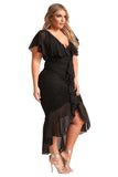Black Plus Size Chiffon Lace Waterfall Ruffle Midi Dress