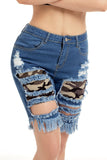 Blue Camo Patchwork Frayed Cutout Denim Shorts